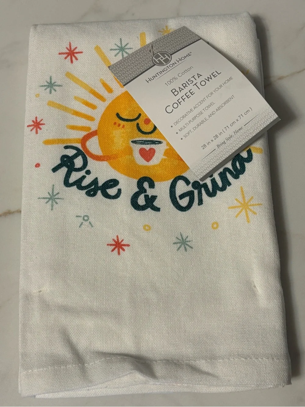 Huntington Home “Rise & Grind” Tea Towel with Yellow Sun, NWT